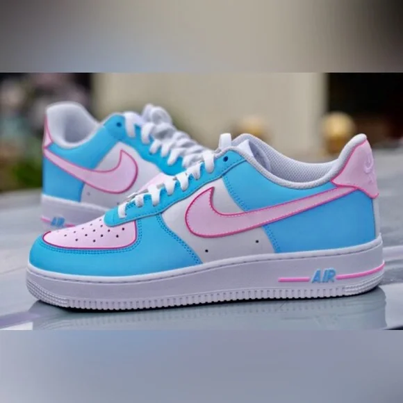 Custom baby blue and pink Nike Air Force 1s - Picture 1 of 4